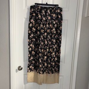 LC Linen Pants floral wide leg with light pink and green flower/leafy pattern